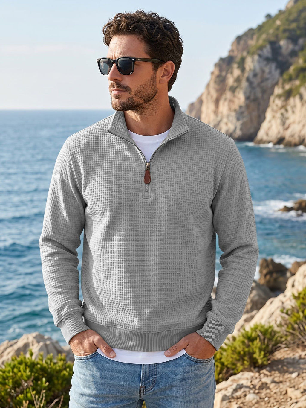 Waffle Knit Half-Zip Pullover Sweater