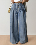 Cora Blue Stripe Button Pleated Drawstring Waist Casual Wide Leg Jeans