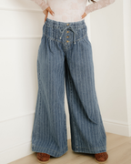 Cora Blue Stripe Button Pleated Drawstring Waist Casual Wide Leg Jeans