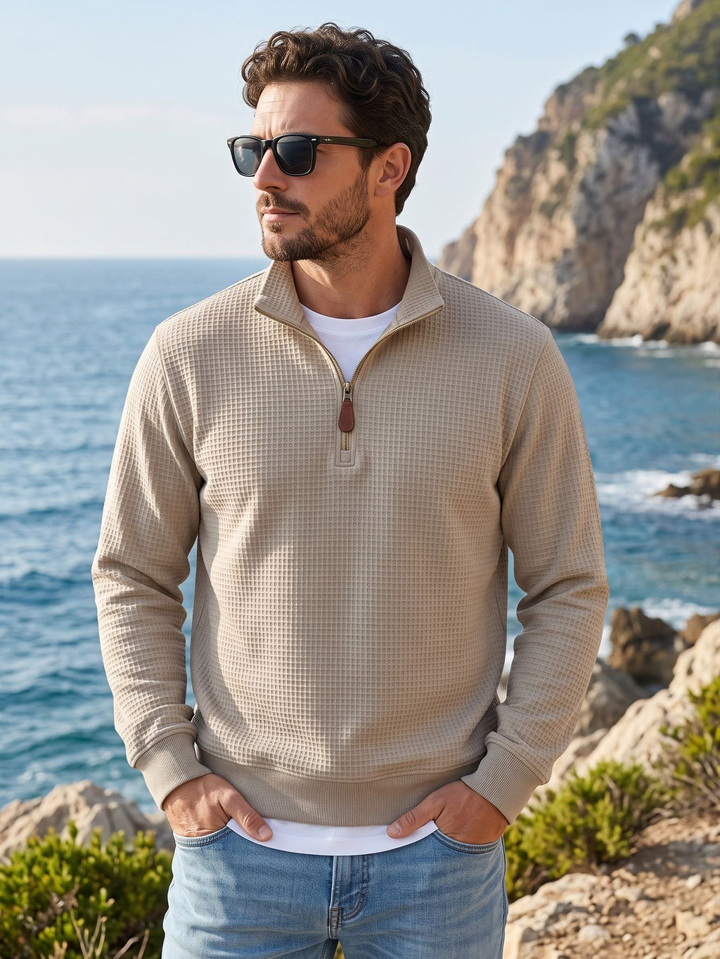 Waffle Knit Half-Zip Pullover Sweater
