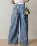 Cora Blue Stripe Button Pleated Drawstring Waist Casual Wide Leg Jeans