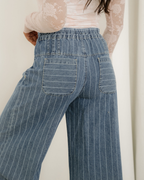 Cora Blue Stripe Button Pleated Drawstring Waist Casual Wide Leg Jeans