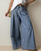 Cora Blue Stripe Button Pleated Drawstring Waist Casual Wide Leg Jeans
