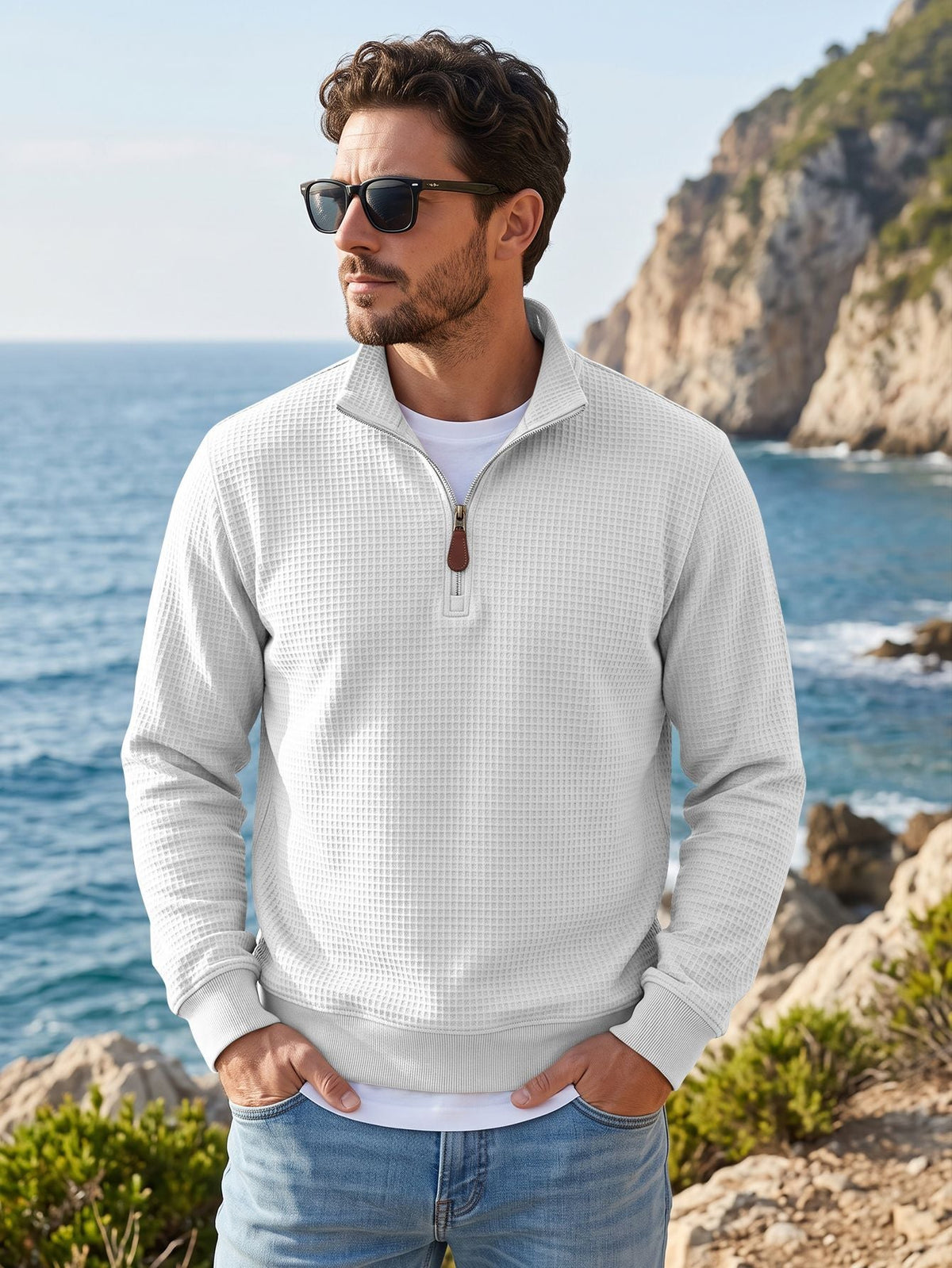 Waffle Knit Half-Zip Pullover Sweater