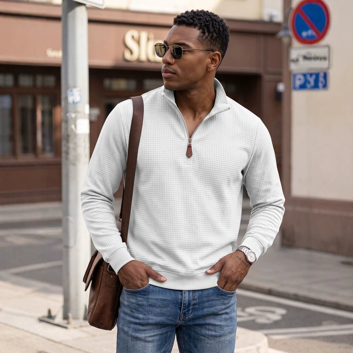 Waffle Knit Half-Zip Pullover Sweater
