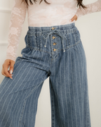 Cora Blue Stripe Button Pleated Drawstring Waist Casual Wide Leg Jeans