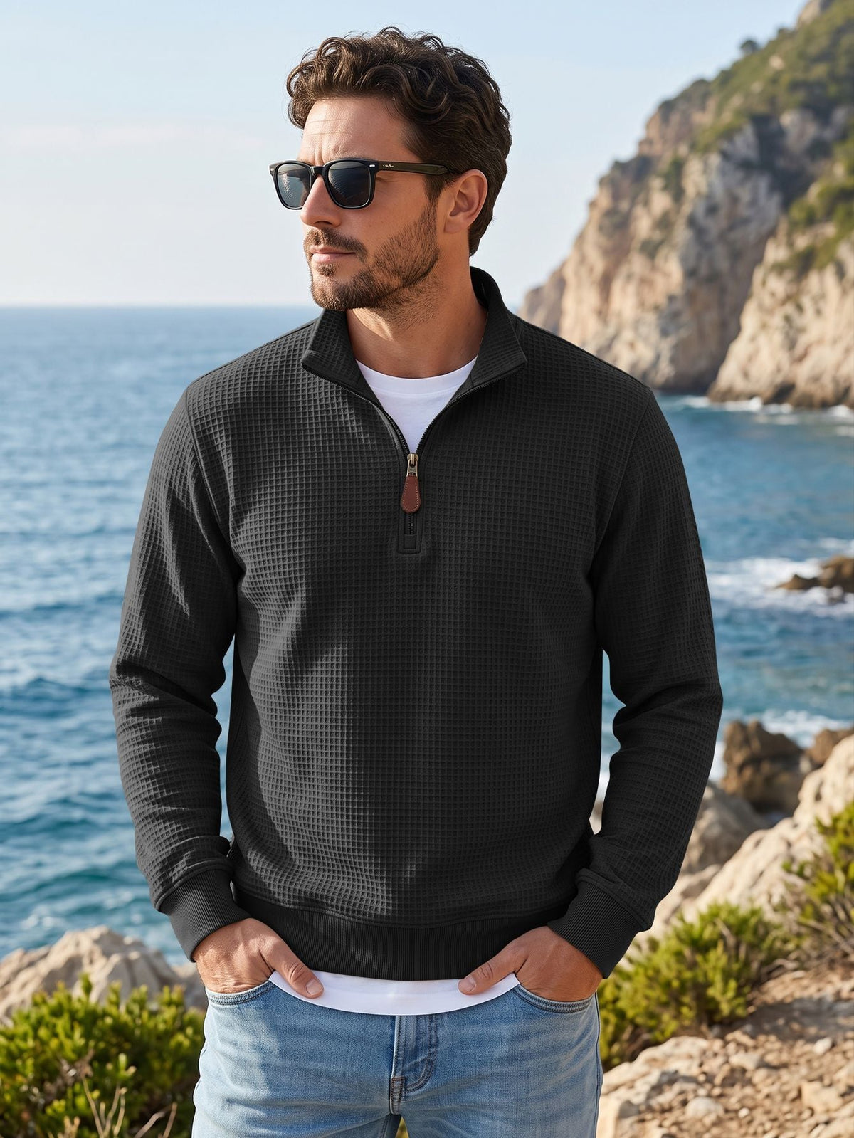 Waffle Knit Half-Zip Pullover Sweater