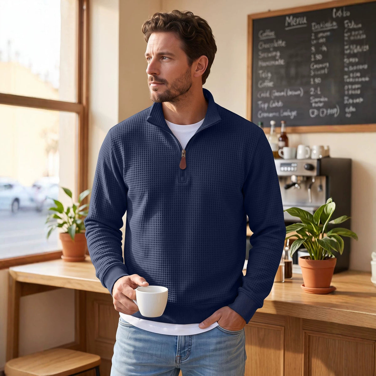 Waffle Knit Half-Zip Pullover Sweater
