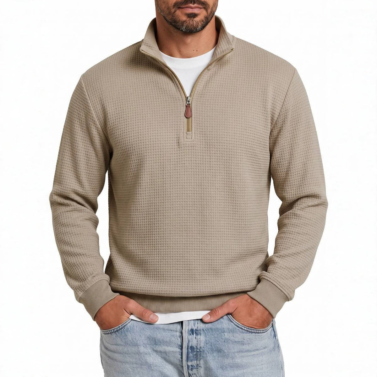 Waffle Knit Half-Zip Pullover Sweater