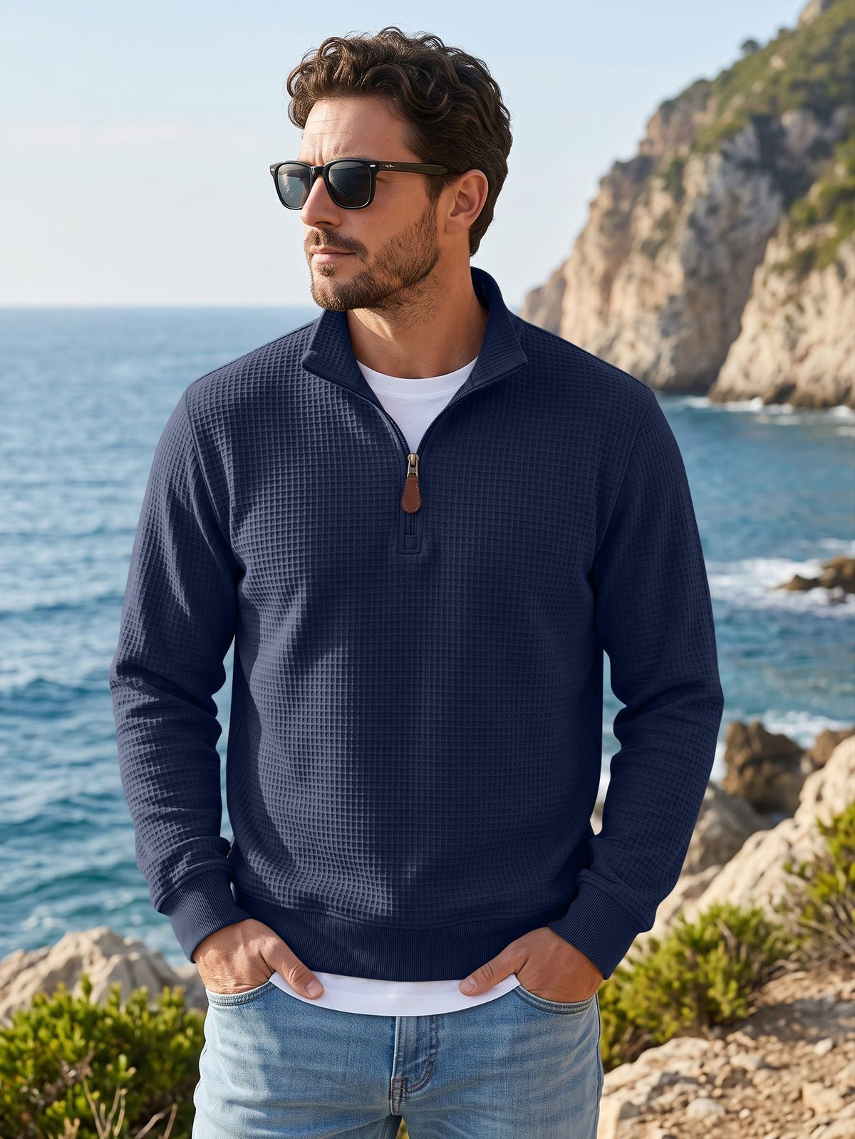 Waffle Knit Half-Zip Pullover Sweater