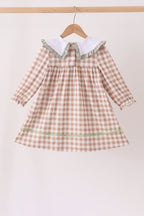 Brown turkey embroidery gingham ruffle dress